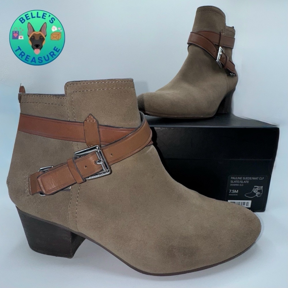 Coach Pauline Suede Bootie Women's 7.5B Buckle Strap Slate Ankle Boots Shoes